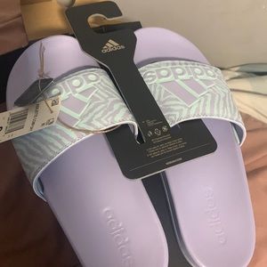 Purple and blue adidas slides